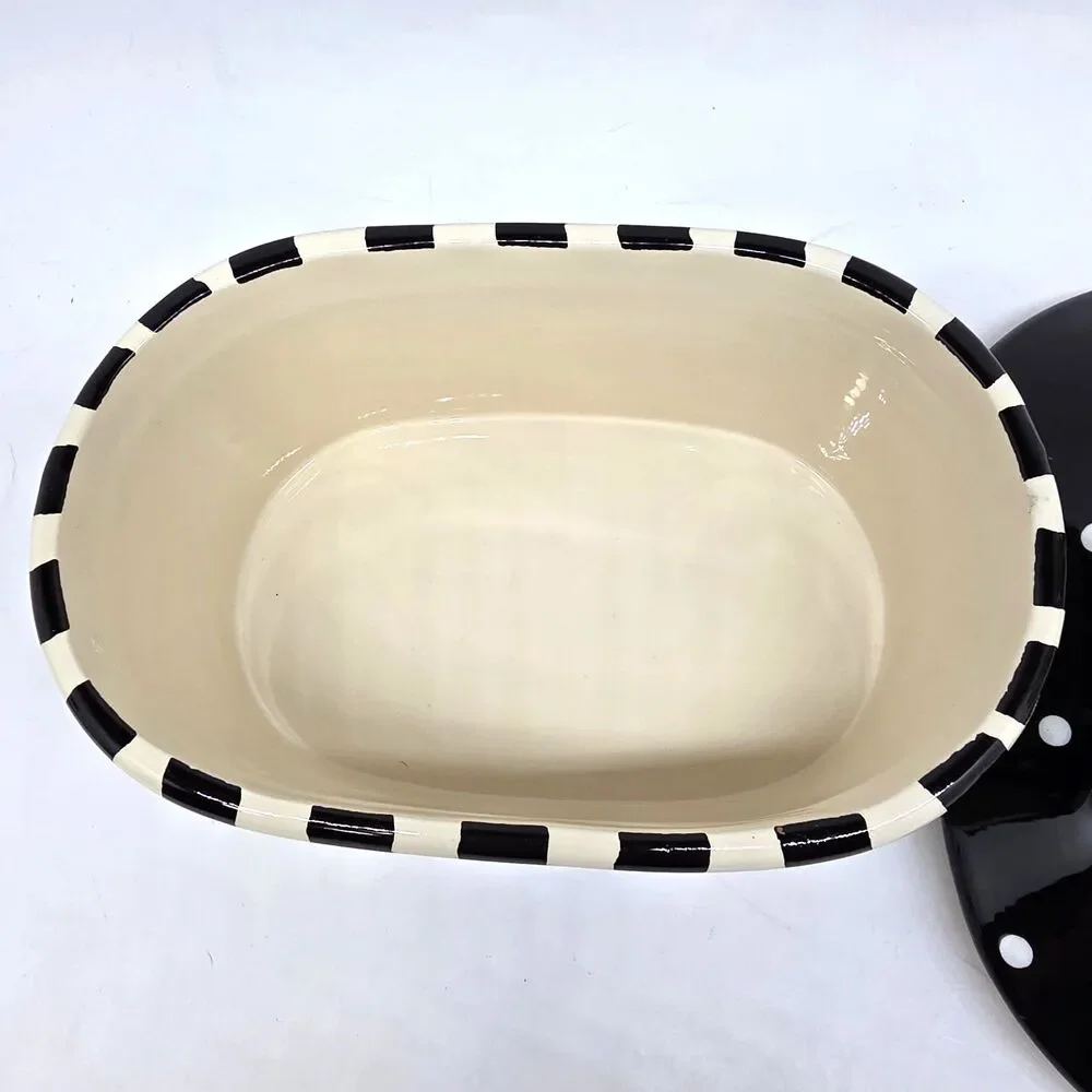 Lynn Morris Studio Pottery Black White Polka Dots Green Pear Covered Dish VGC